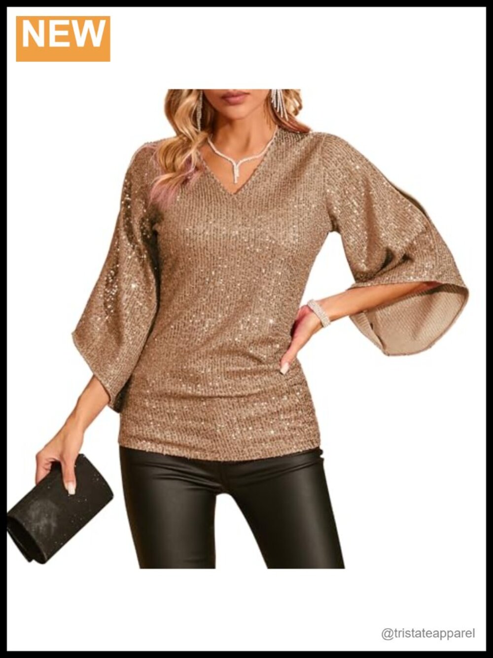 Sequin Shirt 3/4 Sleeve Sparkly V-Neck Dressy Blouse Glitter Top Party